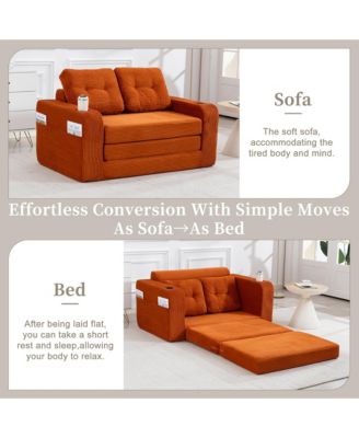 Boneless Convertible Sofa Bed, Soft Corduroy Loveseat with Cup Holders and Pillows, Space Saving Fold Out Floor Couch for Home