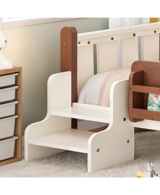 Kids Floor Bed Frame with Storage Bookcases and Stairs, Twin Size Solid Wood Low Profile Bed with Guardrails for Boys Girls