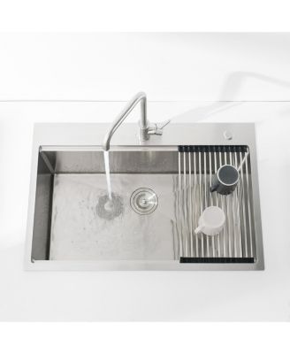 Stainless Steel Kitchen Sink, Single Bowl, Overmount Handmade Sink in Brushed, with Cutting Board, Colander