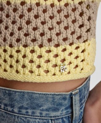 Women's Short-Sleeve Raglan Stripe Pointelle Pull-On Sweater