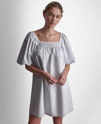 Women's Half Puff-Sleeve Seersucker Mini Dress with Square Neckline