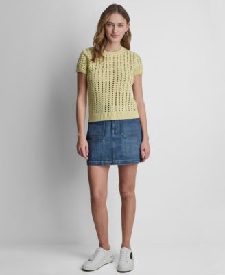 Women's Short-Sleeve Chunky Pointelle Crewneck Sweater 