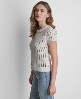 Women's Short-Sleeve Chunky Pointelle Crewneck Sweater 