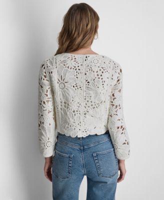 Women's Long-Sleeve Floral Crochet Crewneck Cardigan With Scallop Hem