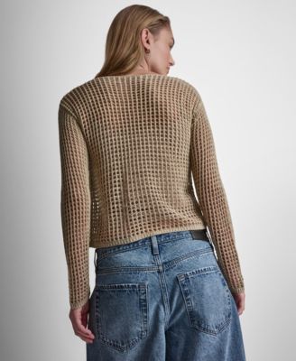 Women's Long-Sleeve Pointelle crochet open-stitch Boat Neck Logo Sweater 