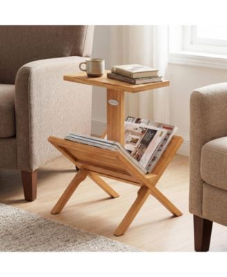 Teak Wood 2-Tier Side Table with Built-In Magazine Rack