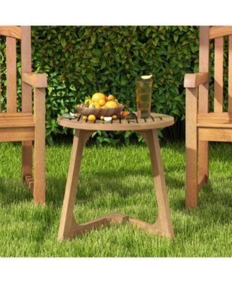 Round Teak Wood Side Table with Slatted Tabletop