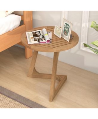 Round Teak Wood Side Table with Slatted Tabletop