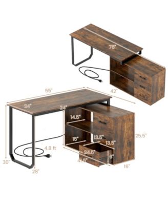 55" L Desk Reversible with 3 Drawers and Adjustable Storage Shelf