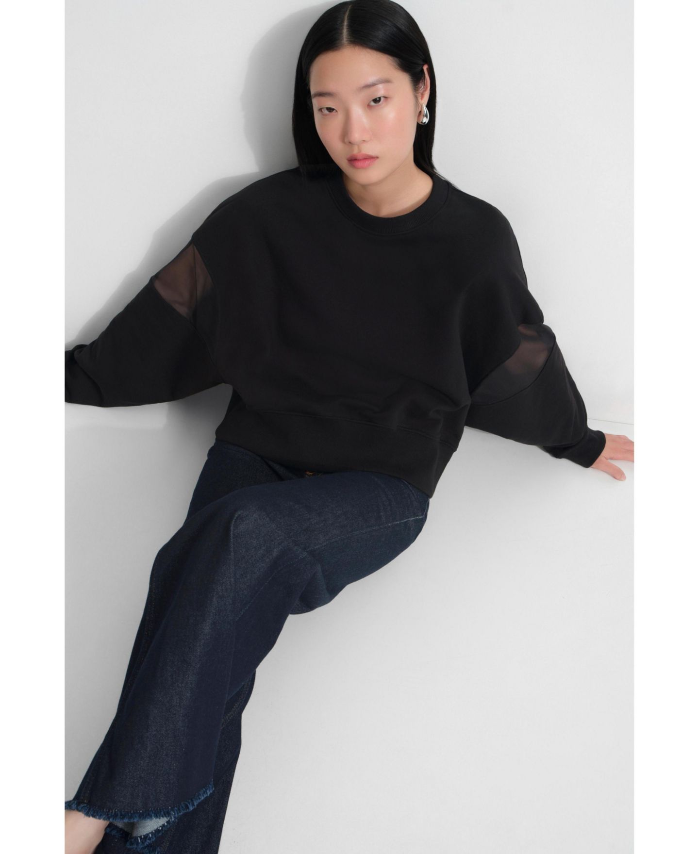 Женский свитшот Marcella Iara Mesh-Sleeve Panel Dropped-Shoulder Ribbed-Hem, цвет: Чёрный — фото 7