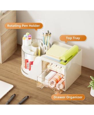 Desk Organizer Rotating Pen Holder 2 Drawer Storage 6 slots