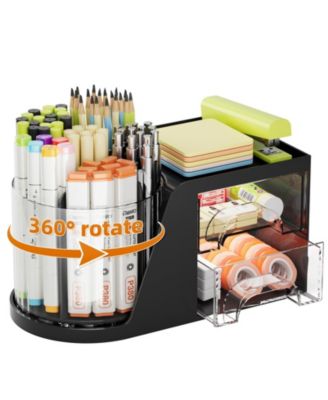 Desk Organizer Rotating Pen Holder 2 Drawer Storage 6 slots