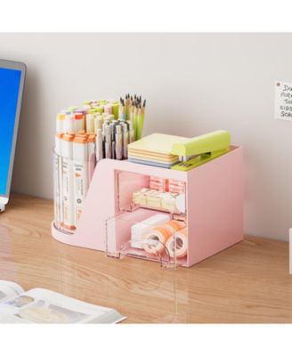 Desk Organizer Rotating Pen Holder 2 Drawer Storage 6 slots