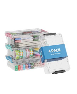 4 Pack Plastic Pencil Case Clear Stackable Organizer Art Supply Storage Box Colorful