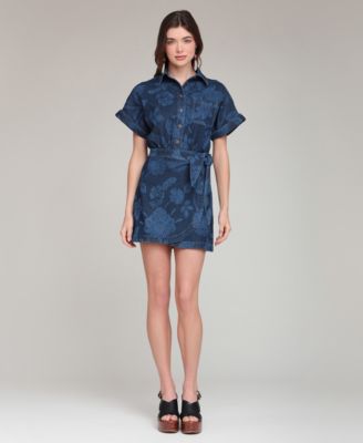 Women's Printed Denim Shirt-Dress With Wrap Skirt