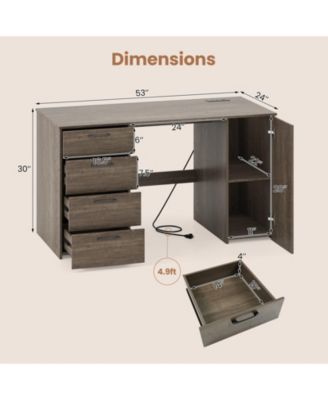 53 Inch Grey Office Desk with Built In Power Outlets and 4 Drawers