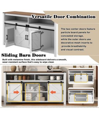  Farmhouse Sideboard, Wood Buffet Cabinet with Open Storage, Sliding Barn Door and Mesh Panels for Living Room, Kitchen