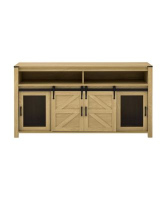 Farmhouse Buffet Cabinet with Sliding Barn Doors, Mesh Panels and Open Storage Cubbies for Living Room, Kitchen and Dining Room