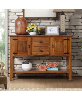  Solid Wood Sideboard Console Table, Retro Style Storage Dining Buffet Cabinet with 2 Drawers, Cabinets and Bottom Shelf for Living Room