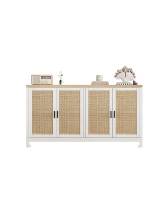 Farmhouse Rattan Buffet Cabinet with Four Doors and Adjustable Shelves