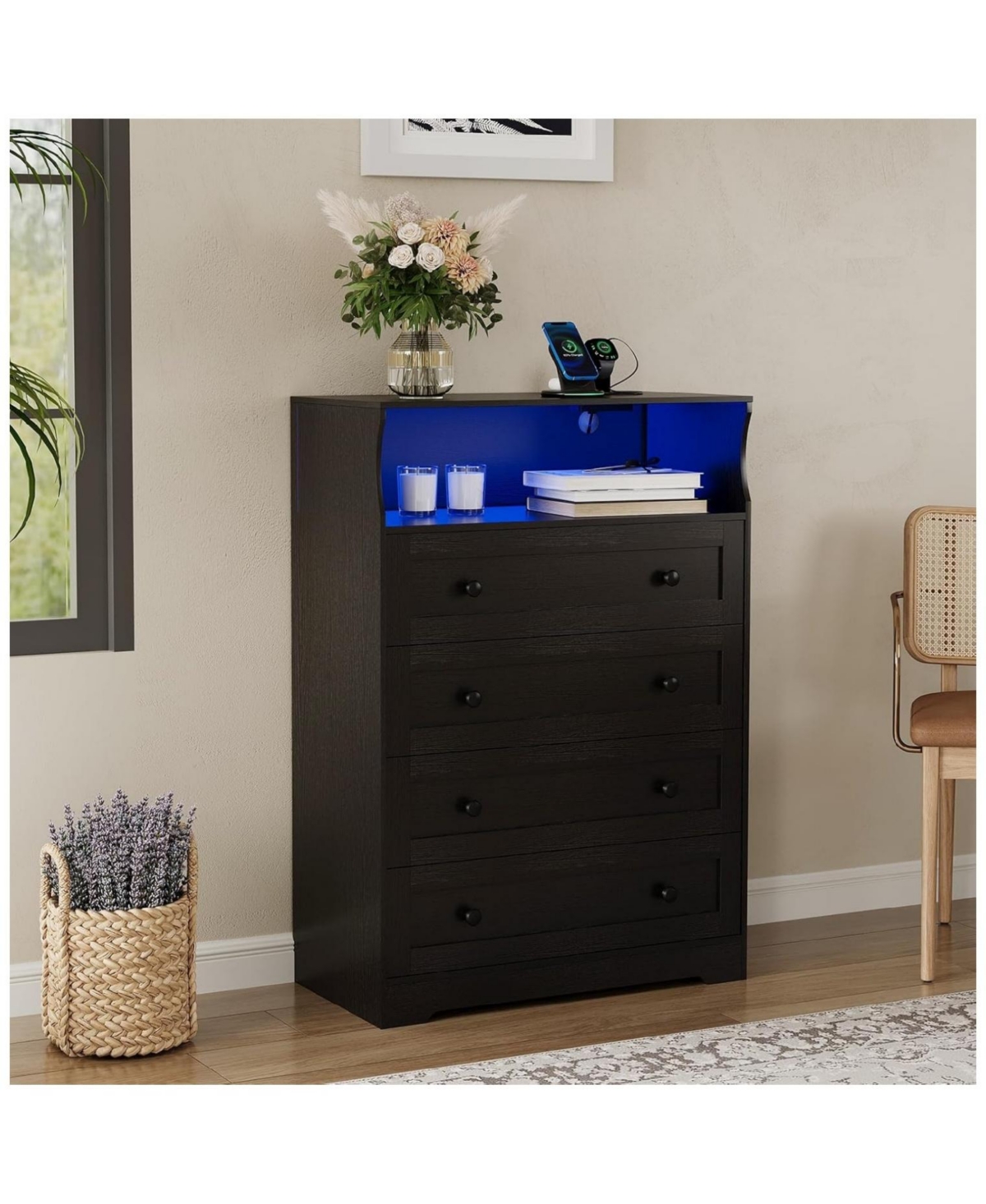 Gaomon 4 Drawer Wooden Dresser with Charging Station and Led Light for Bedroom or Closet