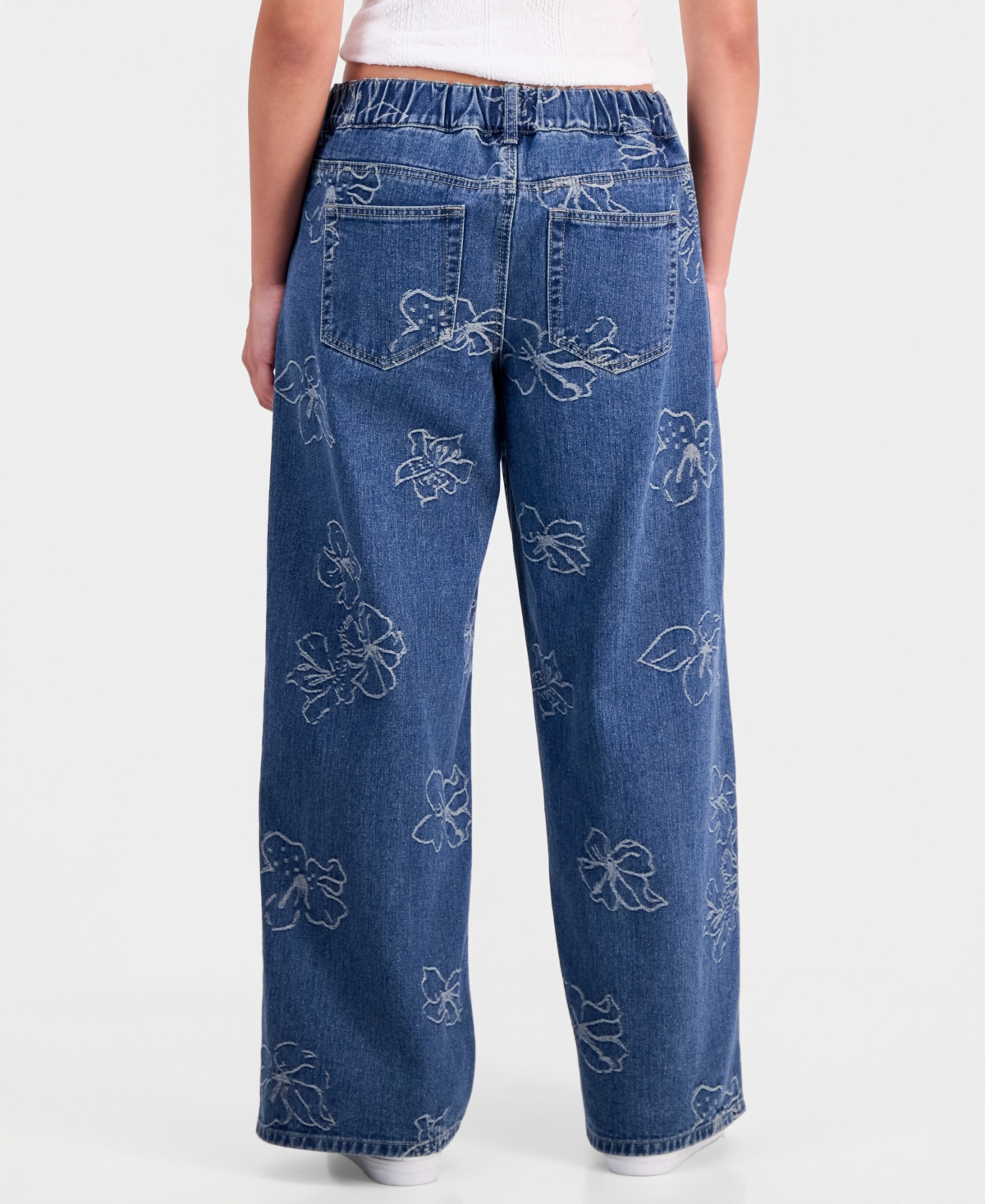 Project Indigo Juniors' Allover Hibiscus Wide-Leg Jeans