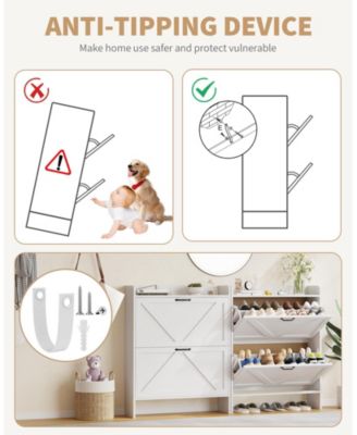 Farmhouse Shoe Cabinet with 2 Flip Drawers, White, Slim Entryway Storage with Metal Legs