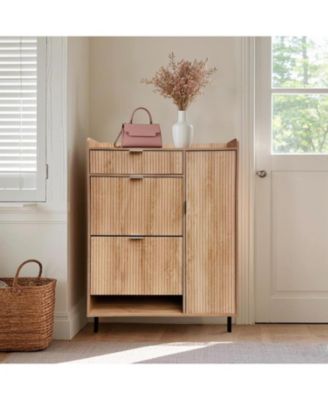 Oak Wavy Shoe Cabinet with 2 Flip Drawers and 2 Small Drawers, Metal Legs, 9.45 in Deep Slim Entryway Storage Organizer