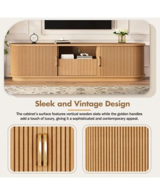 Fluted TV Stand for TVs up to 75", Farmhouse Media Console Entertainment Center with Sliding Wood Slatted Doors and Drawer for Living Room