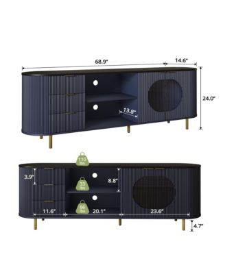 69" Curved Media Console for TVs Up to 80", Modern Entertainment Center with Wavy Acrylic Doors and Spacious Storage for Living Room