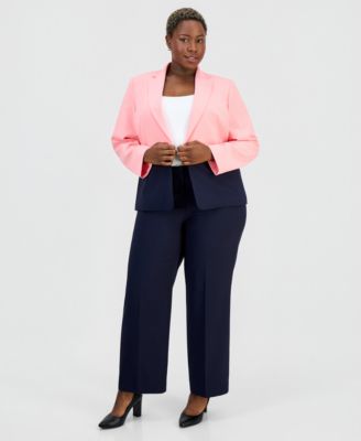 Plus Size Colorblocked One-Button Peplum Jacket & Fly-Front Wide-Leg Pants Suit