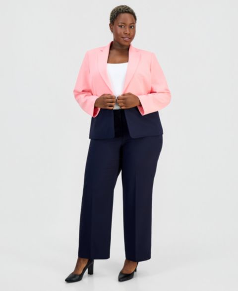 Женские комплекты Le Suit Plus Size Colorblocked One-Button Peplum Jacket & Fly-Front Wide-Leg Pants Suit, цвет: Фламинго розовый / Тёмно-синий