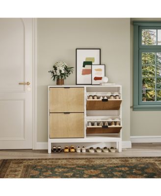 Fluted Shoe Cabinet with 4 Flip Drawers, White and Oak, Slim Entryway Storage with Metal Legs