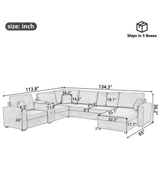 5-Seat 134" U-Shape Sectional Sofa with Chaise, Cup Holders & Storage