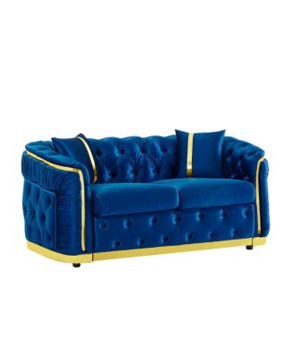 Mid Century Modern Chesterfield Loveseat Couch, Velvet Blue & Gold Tufted Sofa