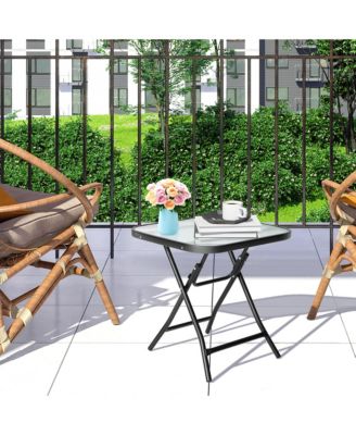 18'' Foldable Patio Side Table Square Coffee Bistro Table w/ Tempered Glass Table Top