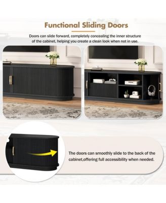 Farmhouse Fluted TV Stand, Media Console with Sliding Wood Slatted Doors and Drawer, Suitable for TVs Up to 75" in Living Room