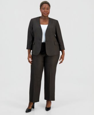 Plus Size Collarless One-Button Jacket & Fly-Front Wide-Leg Pants Suit