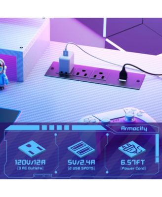 55'' Gaming Desk - Cumputer Desk with Hutch, Outlets, and LED Lights