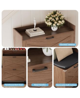 Farmhouse Shoe Cabinet with 4 Flip Drawers and Upholstered Bench, Walnut Entryway Storage