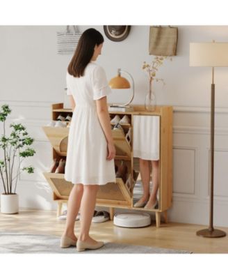 Rattan Shoe Cabinet with Mirror, 2 Flip Drawers and Side Door,  Entryway Storage