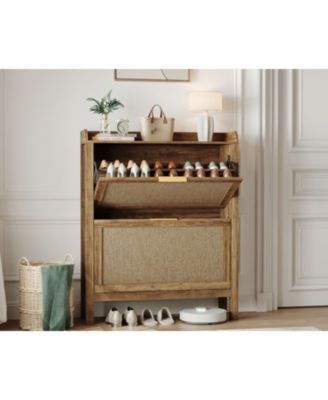Farmhouse Rattan Shoe Cabinet with 2 Flip Drawers, Brown, 32 in Narrow Entryway Storage