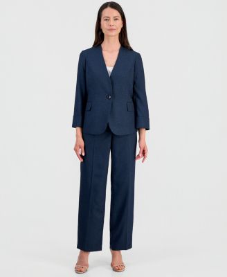 Women's Collarless One-Button Jacket & Fly-Front Wide-Leg Pants Suit