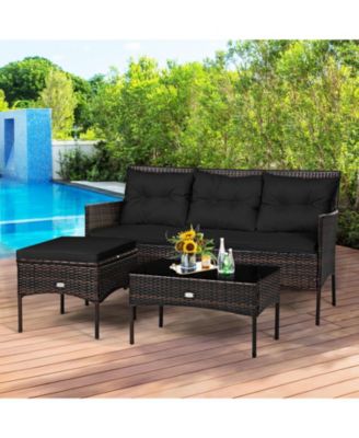 3-Piece Outdoor Rattan Sectional Sofa Set with Ottoman and Coffee Table