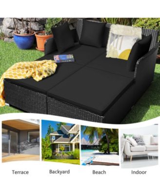 Outdoor Rattan Daybed with Upholstered Cushions and Pillows