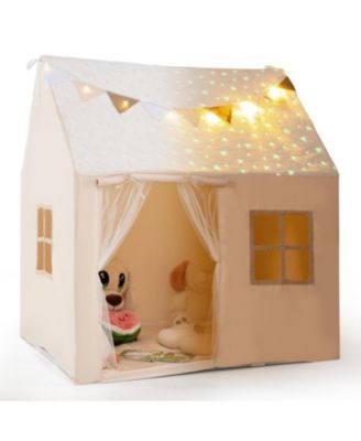 Kids Play Tent Large Playhouse with Glow in the Dark Stars and Mat-Beige