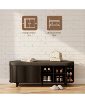 2-Tier Storage Shoe Bench Thickened Padded Seat Mid Century Modern Fluted Sliding Door Adjustable Shelf