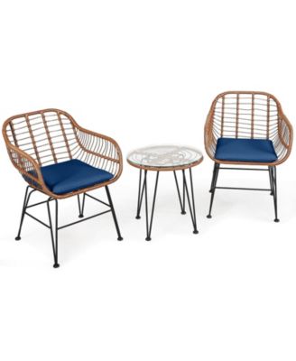 3-Piece Patio Rattan Bistro Set with Cushioned Armchairs
