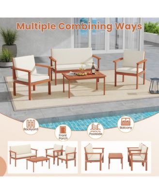 4-Piece Acacia Wood Patio Furniture Set with Loveseat and Cushions
