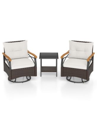 3-Piece Outdoor Swivel Wicker Chair Set with Tempered Glass Side Table